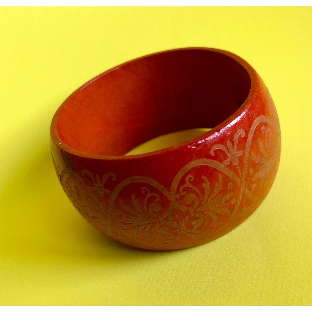 Vintage Bohemian 1970s Wide Orange Glazed Etched Wood Bangle